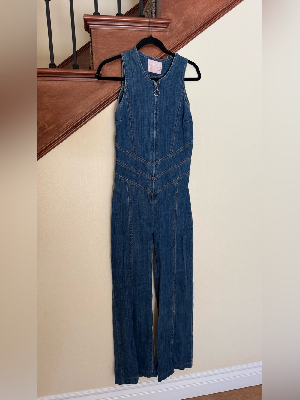 REVICE Blue Denim Zip-Front Heart Back Cut Out Jumpsuit